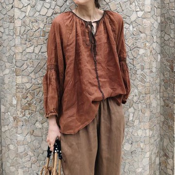 2023春夏新女 日系復古做舊大碼寬松顯瘦棉麻亞麻苧麻長袖襯衫