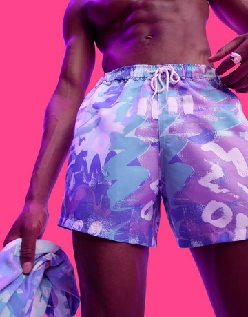 ASOS DESIGN co-ord swim shorts in short length with blue vintage print-Multi