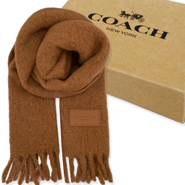 COACH 新款方標LOGO雙面羊駝毛流蘇圍巾禮盒(棕色)