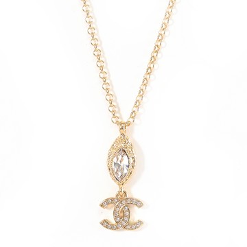 CHANEL ABG954 經典雙C LOGO復古眼形切割水鑽鎖骨項鍊.金
