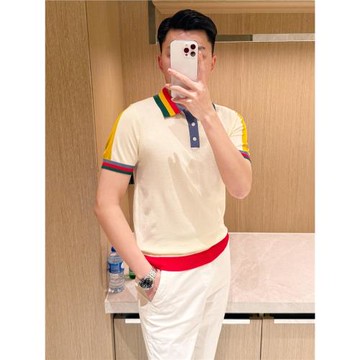 法式時尚男裝高級拼色衣服男士polo衫 夏季新款針織短袖男翻領t恤