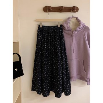 巨推！凈色碎花半身裙秋冬款加厚寬松百搭松緊腰顯瘦減齡氣質長裙