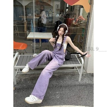 🌟臺灣出貨🌟揹帶褲春夏女復古紫色直筒工裝褲高腰寬鬆顯瘦闊腿牛仔連體褲減齡 吊帶褲 連身褲裝 背帶褲 吊帶牛仔褲