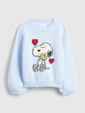 女幼童裝 Gap x Snoopy史努比聯名 純棉印花圓領長袖針織衫-淺藍色