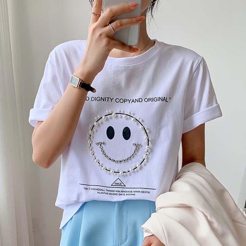 パールビジュースマイルプルオーバー 半袖 スマイル tシャツ