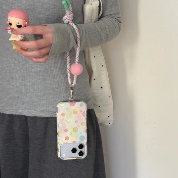 台灣熱銷 彩色暈染波點粉球短繩適用iPhone17promax手機殼蘋果16腕帶15女14 手機繩 手機袋