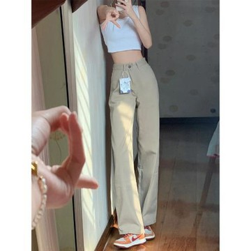 卡其色直筒牛仔褲女夏季新款胖妹妹mm高腰顯瘦闊腿褲梨型身材褲子