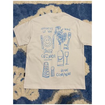 一起用餐吧 趣味線條插畫圖印花寬松短袖T恤 男女純棉重磅無性別