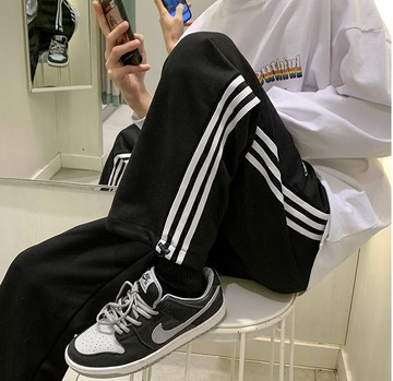 FINDSENSE X 男側邊條紋褲衛褲潮抽繩束腳休閑褲寬鬆直筒褲九分褲長褲