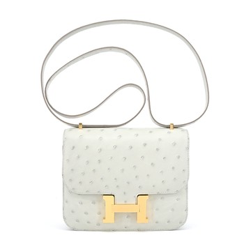 Hermes 愛馬仕 Constance 18cm B刻 鴕鳥皮革訂製款斜背包(灰/金釦)_廠商直送