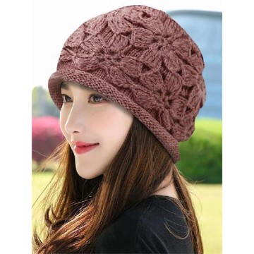 手工鉤花帽子女士春秋新款運動保暖洋氣包頭堆堆帽針織編織毛線帽
