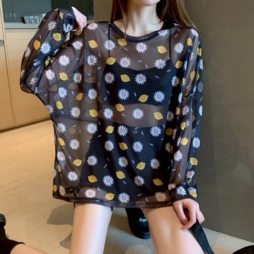 夏季寬松小雛菊冰絲防曬罩衫套頭長袖t恤女薄款超薄透視網紗上衣