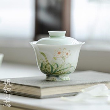 夏禾茶具艾綠色小清新蓋碗釉下彩純手繪水仙泡茶碗不燙手白瓷玉泥