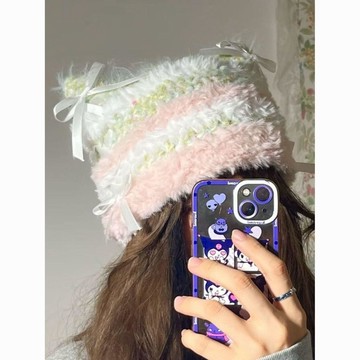 新品💖手工鉤針編織手混線拼色可愛毛絨芭蕾貓耳帽diy材料包送女友閨蜜帽子材料包 防寒帽子 鉤織保暖帽子 毛線編織