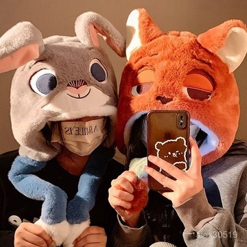 硃迪尼剋狐狸毛絨帽子女秋冬保暖情侶可愛會動的耳朵護耳帽厚款