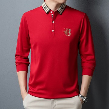 【新款熱賣】保羅中年男士長袖t恤品牌polo衫翻領紅色衣服爸爸婚宴裝薄t嵌花