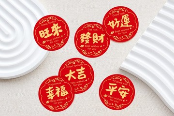 新年包裝貼紙 2字喜氣版 3cm 發財 大吉 旺來 平安 幸福 好運