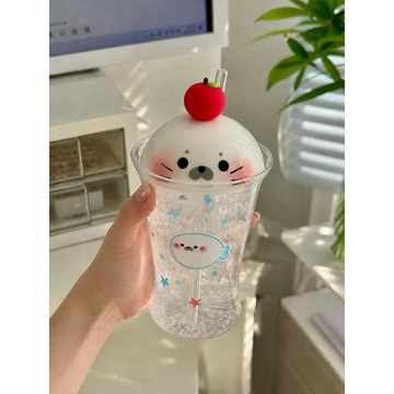 桃園出貨🎉 夏季新款立體海豹造型 透明吸管杯 高顏值小衆高硼硅ins冰飲杯水杯