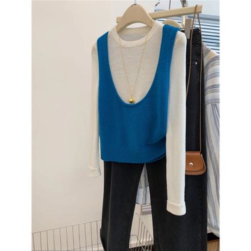 藍色u領馬甲針織背心女秋冬設計感韓系疊穿打底衫秋季兩件套外穿