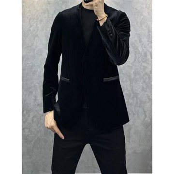 90829秋季2024新款男士輕奢金絲絨無領西服商務時尚潮流休閑外套