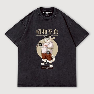 日本昭和不良少年貓 拿著球棒的貓老大 暴走族 和風浮世繪貓咪 男女款做舊水洗純棉落肩短T 台灣獨家日式短T