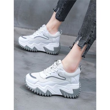 老爹鞋女2024新款春夏真皮內增高顯腳小網面透氣運動休閑小白鞋女