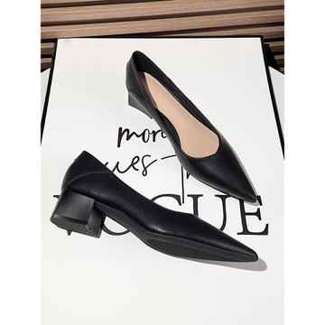 淺口舒適通勤工作粗跟單鞋女2025年新款夏黑色職業高跟鞋尖頭