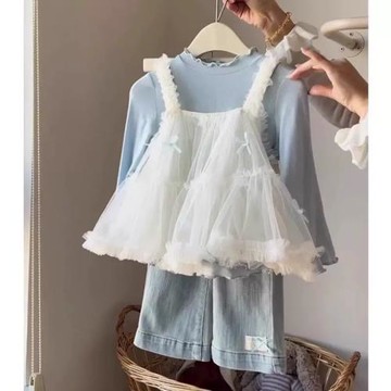 花邊網紗2025新款韓系吊帶紗裙時髦洋氣蝴蝶結上衣韓版牛仔褲三件