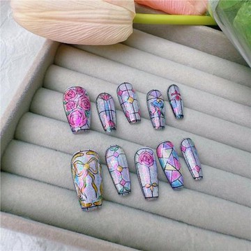 手工穿戴甲353 玫瑰花窗 中短梯/韓式橢圓SS ins小紅書高奢美甲