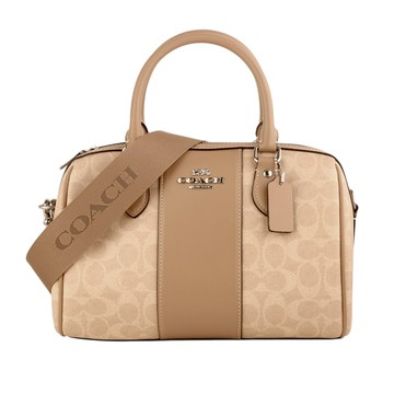 COACH-防刮Logo 兩用波士頓包(淺卡其x褐槓)