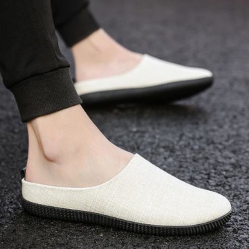 夏季透氣麻布半拖鞋男休閑鞋懶人鞋潮流無根涼拖鞋無后跟包頭男鞋