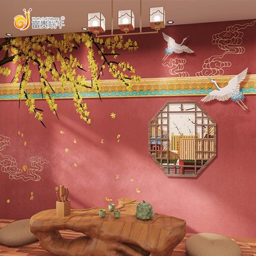 復古中國紅故宮墻紙古風中式仙鶴壁畫民宿茶室客廳飯店劇本殺壁紙
