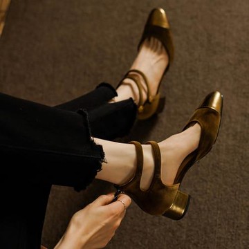 rubywu2023年新款法式包頭涼鞋女小眾設計感夏天中跟粗跟瑪麗珍鞋