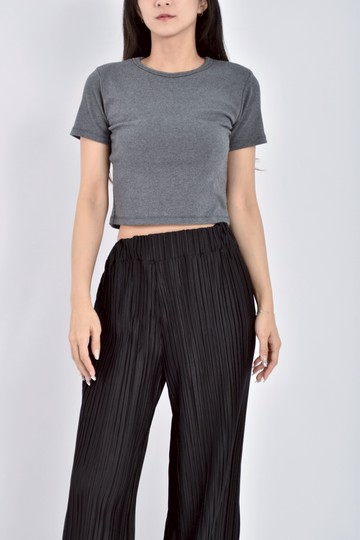 (S) hong葒修身短版後開衩素面深灰色短袖上衣