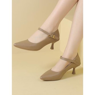 2024新款真皮尖頭細跟淺口單鞋女中跟工作鞋子女中年媽媽鞋皮鞋女