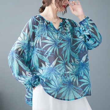 【韓國K.W.】KM2502現貨森林系藍花棉麻寬鬆自在上衣(上衣/襯衫/長袖)