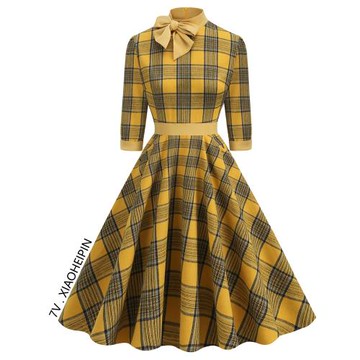 復古年代感氣質優雅立領收腰七分袖中長大擺英倫格子洋氣秋連衣裙