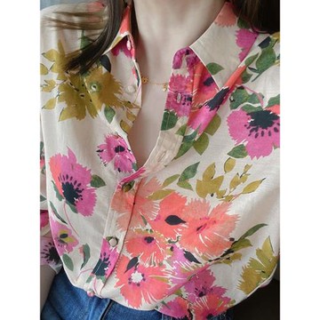 法式復古小眾25早春寬松碎花長袖襯衫上衣洋氣扶桑花印花輕薄絲棉