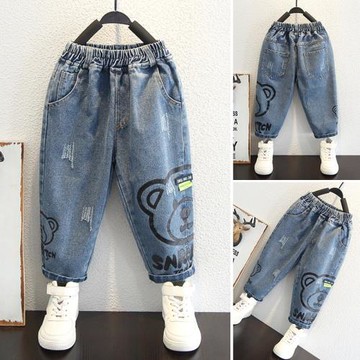童裝男童潮流卡通熊頭牛仔褲2025新款春秋裝兒童休閑寬松長褲子潮