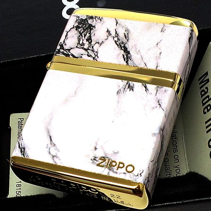 ZIPPO ライター ロゴ ジッポー ゴールド ホワイト 金タンク 4面加工 大理石 Marble Logo かっこいい おしゃれ メンズ ギフト プレゼント