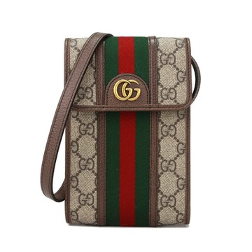 GUCCI Ophidia GG Supreme 綠紅織帶斜背手機包(烏木色)