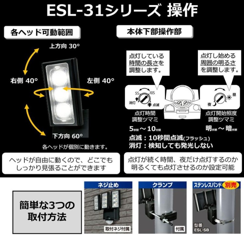 エルパ ELPA コンセント式 センサーライト 3灯 白色LED防水仕様 屋外-