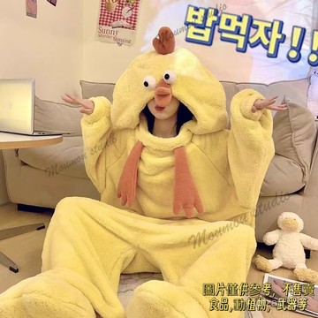 搞怪小鷄連體情侶睡衣女冬季加絨加厚珊瑚絨卡通睡袋 男女款家居服韓版搞怪小雞 連體情侶睡衣 女冬季加絨加厚珊瑚絨 卡通睡袋