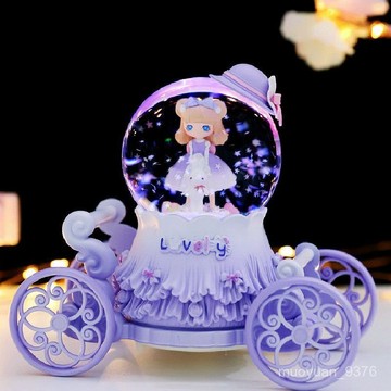 【臺灣-出貨】聖誕節6-12嵗女孩兒童水晶球音樂盒公主馬車旋轉八音盒女生日禮物 QGTY