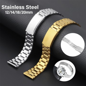 12 毫米 14 毫米 18 毫米 20 毫米不銹鋼錶帶 3 珠通用替換腕帶銀金平頭手鍊帶可調節折疊扣