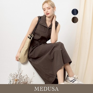 現貨【MEDUSA 曼度莎】天絲棉拉鍊立領收腰長洋裝 - 2色（M-XL）｜長洋裝 無袖休閒洋裝 高級天絲棉