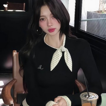 9th street 大尺碼顯瘦 撞色蝴蝶結 法式長袖T恤 高級感遮肉上衣 黑色 (預購)