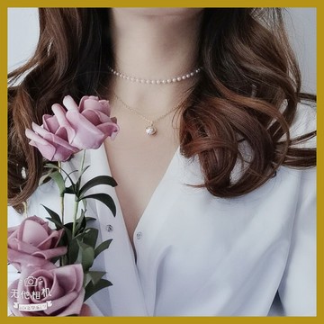 日韓飾品 超僊雙層金色鏈條 珍珠吊墜毛衣鏈 choker頸鏈鎖骨鏈項鏈女