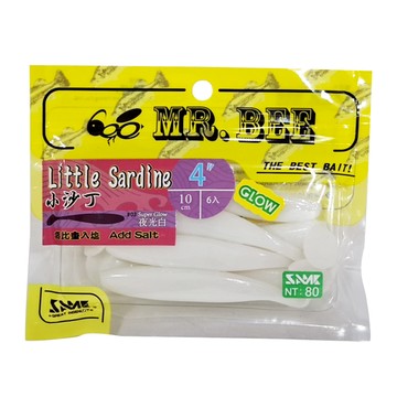 MR.BEE 蜜蜂先生 小沙丁軟蟲 魚餌 4吋 6個  夜光白  33g  1包