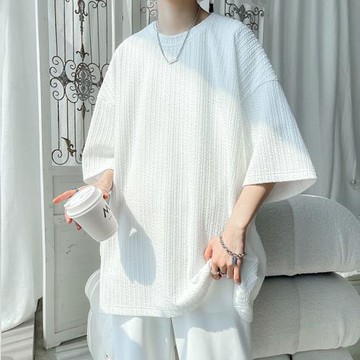 白色小領口t恤美式潮牌潮流短袖男裝半袖夏季大碼寬松七分袖體恤